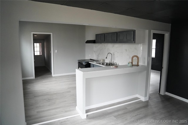 kitchen featuring sink, range with electric cooktop, kitchen peninsula, and light wood-type flooring