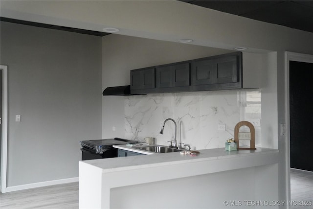 kitchen featuring tasteful backsplash, sink, light wood-type flooring, and kitchen peninsula