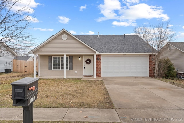 single story home with a garage, central AC, a front yard, and covered porch