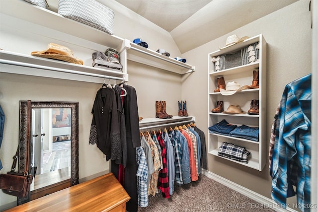 spacious closet with lofted ceiling and carpet floors