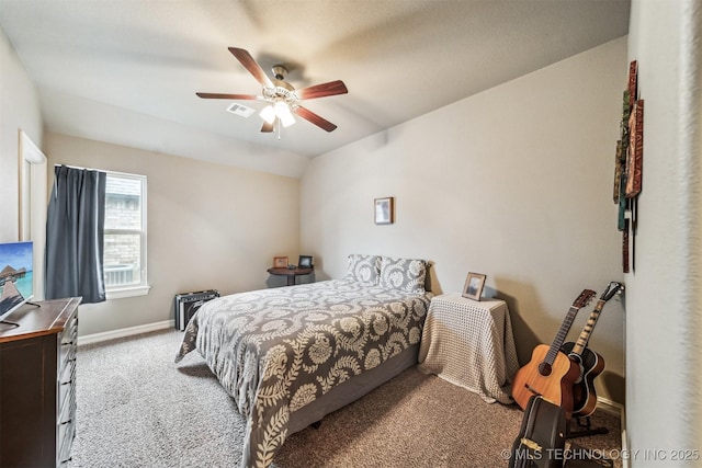 carpeted bedroom with lofted ceiling and ceiling fan