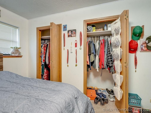 carpeted bedroom featuring a closet and a textured ceiling