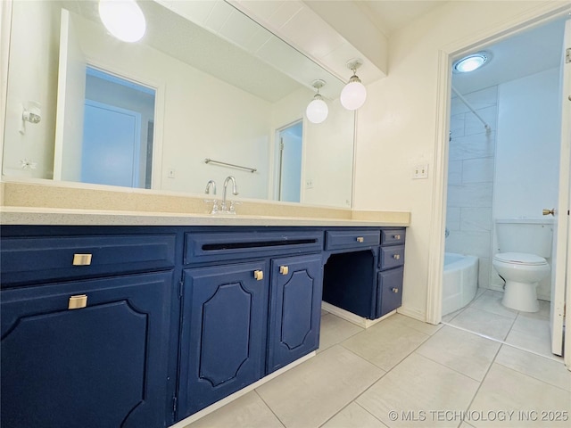 full bathroom featuring tile patterned flooring, vanity, tiled shower / bath combo, and toilet