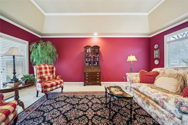 living room featuring ornamental molding and carpet