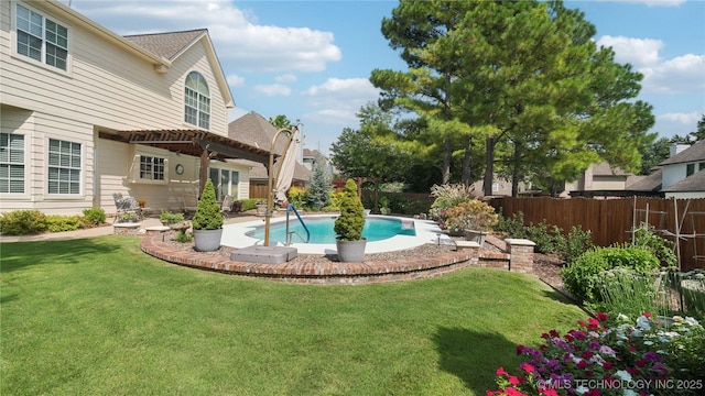 view of swimming pool with a pergola and a lawn