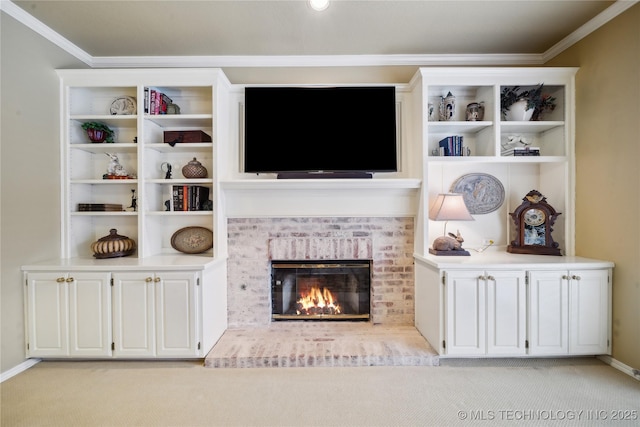 living room featuring crown molding, a fireplace, and light colored carpet