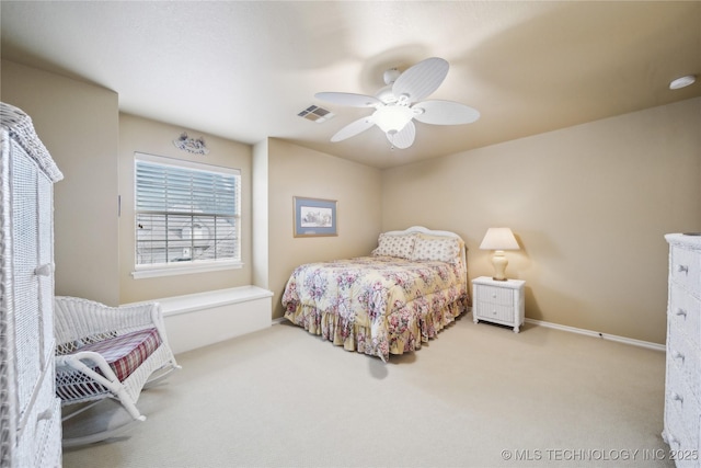 bedroom with light colored carpet and ceiling fan