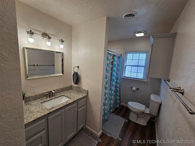 bathroom with vanity, wood-type flooring, toilet, and a textured ceiling