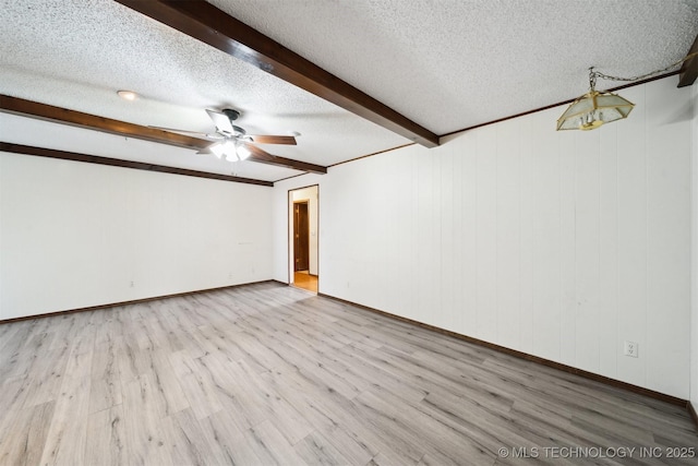 unfurnished room featuring ceiling fan, beam ceiling, a textured ceiling, and light wood-type flooring