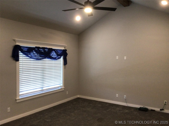 carpeted empty room with lofted ceiling and ceiling fan