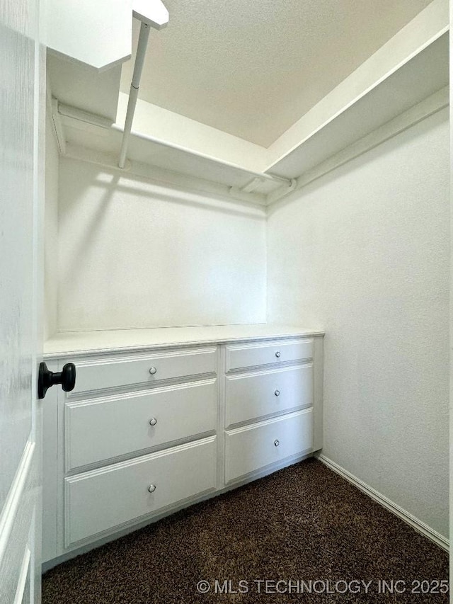 walk in closet featuring dark colored carpet