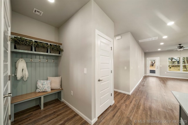 mudroom featuring ceiling fan and dark hardwood / wood-style flooring