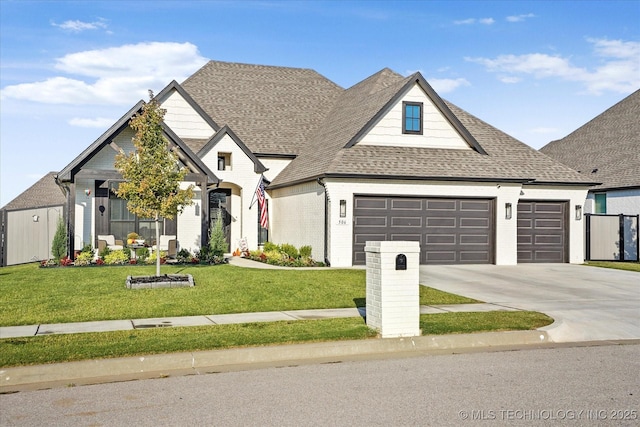 view of front of property with a garage and a front lawn