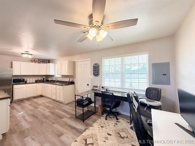 kitchen with sink, electric panel, stainless steel appliances, light hardwood / wood-style floors, and white cabinets