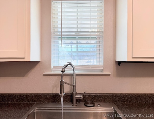 room details featuring sink and white cabinets