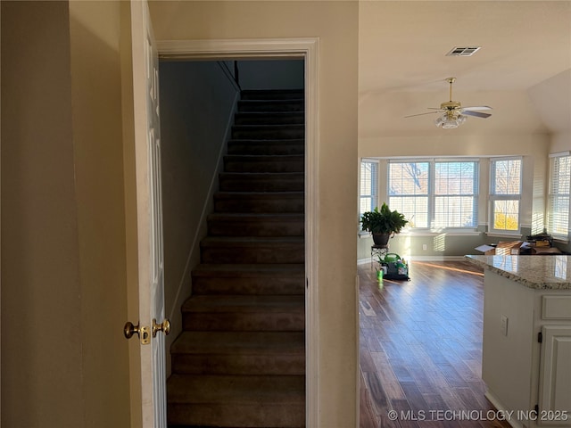 stairway featuring hardwood / wood-style flooring, ceiling fan, and lofted ceiling