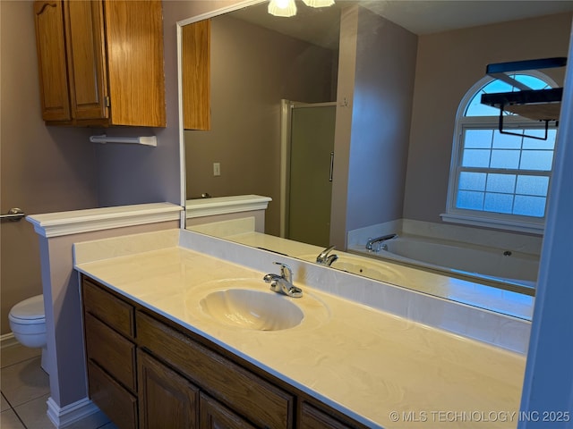 full bathroom with vanity, toilet, separate shower and tub, and tile patterned flooring