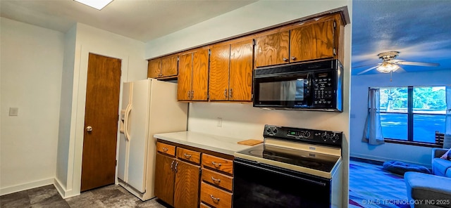 kitchen featuring ceiling fan and black appliances