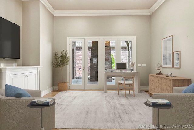 living room with light hardwood / wood-style flooring and ornamental molding