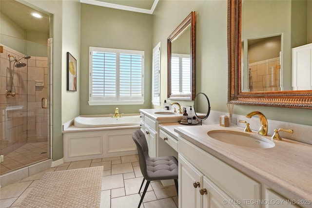 bathroom with ornamental molding, vanity, independent shower and bath, and tile patterned floors