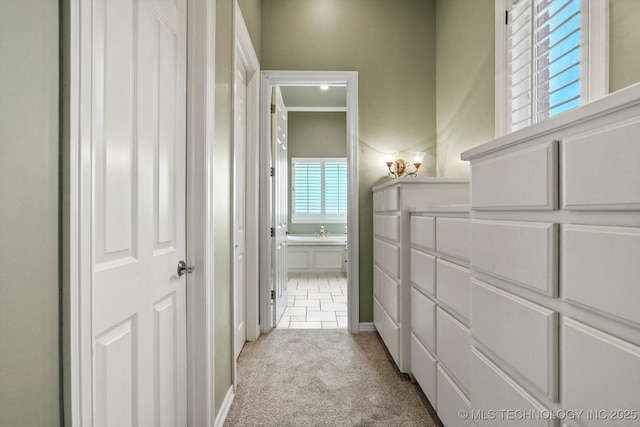 hallway featuring light carpet