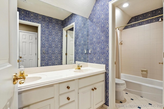 full bathroom featuring shower / bathtub combination with curtain, vanity, tile patterned floors, and toilet