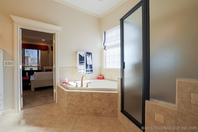 bathroom with crown molding, tile patterned floors, and independent shower and bath