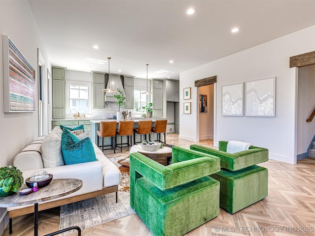 living room featuring light parquet floors