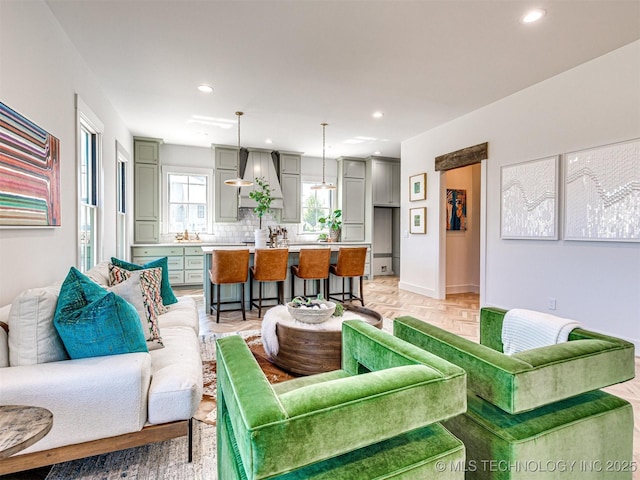 living room featuring light parquet floors