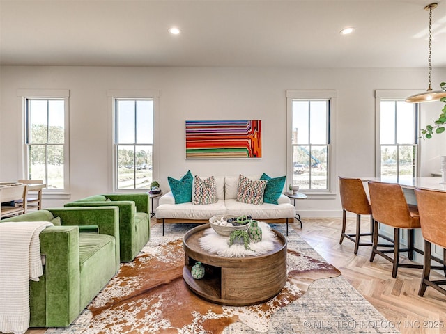 living room featuring light parquet floors