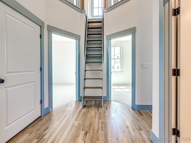 hallway with a towering ceiling and light hardwood / wood-style floors