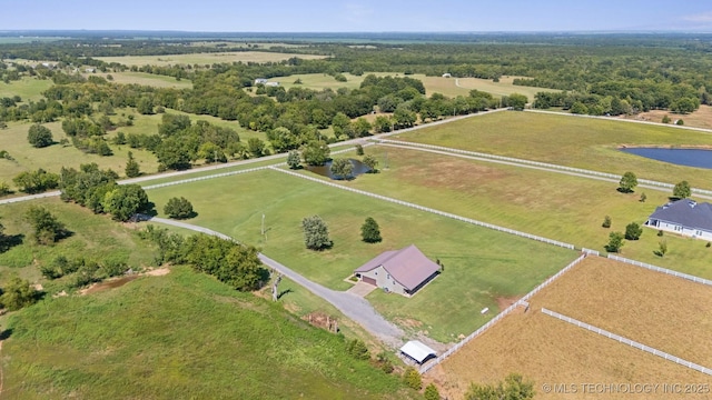 bird's eye view with a water view and a rural view