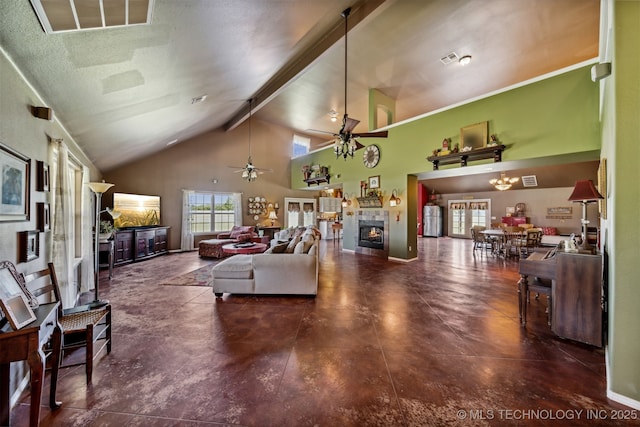 living room featuring beam ceiling, high vaulted ceiling, and ceiling fan