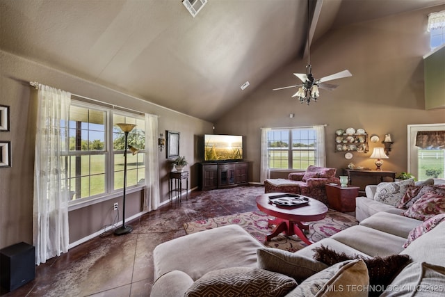 living room featuring ceiling fan, high vaulted ceiling, and beam ceiling