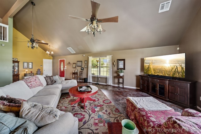 living room featuring ceiling fan and high vaulted ceiling