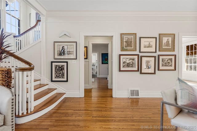 hall with ornamental molding, plenty of natural light, and wood-type flooring