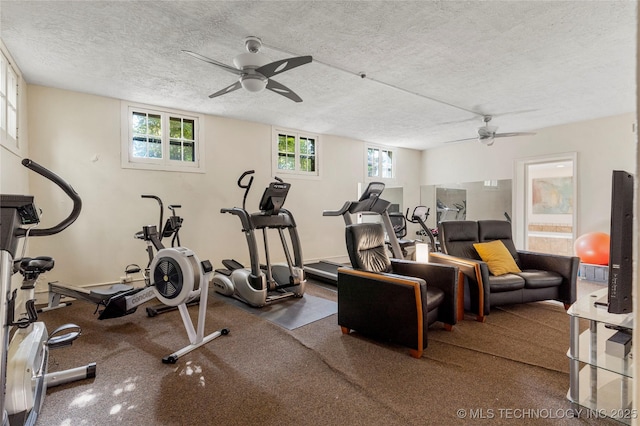 workout area with a wealth of natural light and a textured ceiling