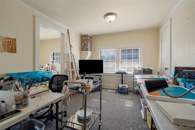 office space featuring dark colored carpet and ornamental molding