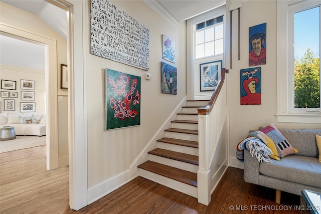 staircase with hardwood / wood-style flooring, ornamental molding, and a healthy amount of sunlight