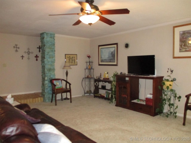 living room with crown molding, ceiling fan, and carpet floors