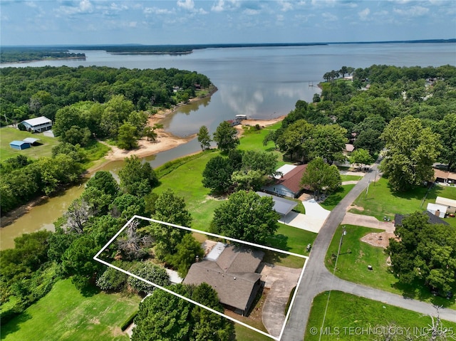 drone / aerial view featuring a water view