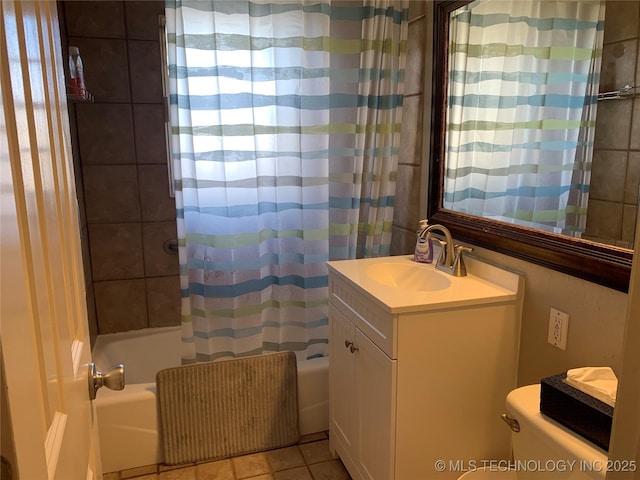 full bathroom with toilet, vanity, radiator heating unit, shower / bath combination with curtain, and tile patterned flooring