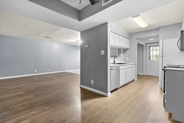 kitchen featuring light wood-type flooring, stainless steel appliances, sink, and white cabinets