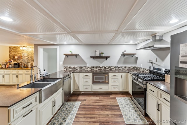 kitchen featuring sink, appliances with stainless steel finishes, dark hardwood / wood-style flooring, kitchen peninsula, and wall chimney exhaust hood