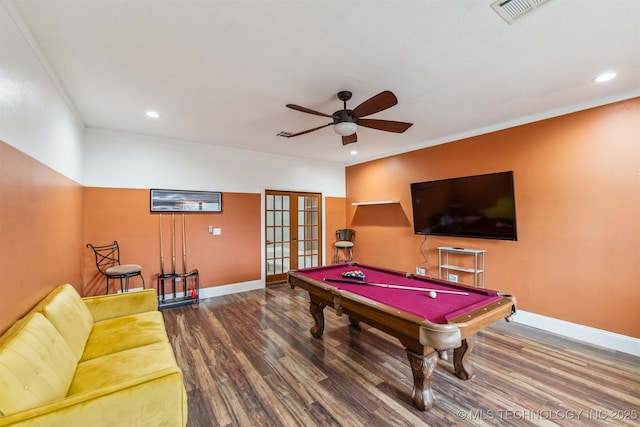 rec room with french doors, crown molding, pool table, wood-type flooring, and ceiling fan