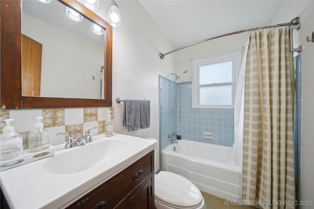 full bathroom with toilet, vanity, shower / bathtub combination with curtain, and decorative backsplash