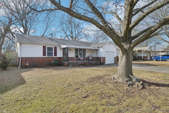 ranch-style home featuring a garage, a front lawn, and covered porch