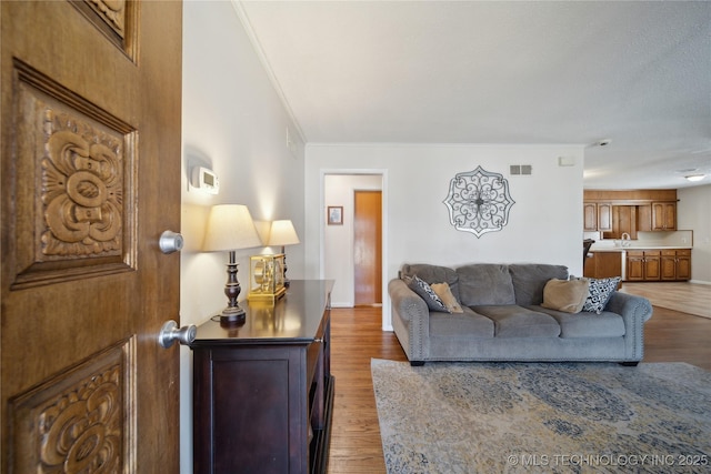 living room with ornamental molding, dark hardwood / wood-style floors, and sink