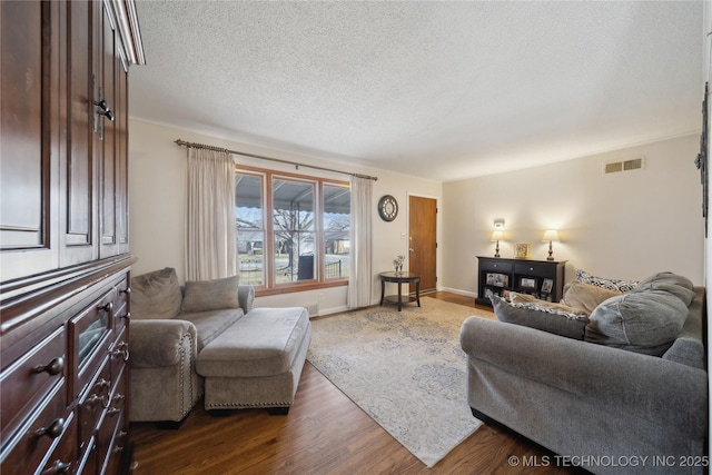 living room featuring hardwood / wood-style floors and a textured ceiling