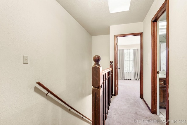 hall featuring light carpet and a textured ceiling